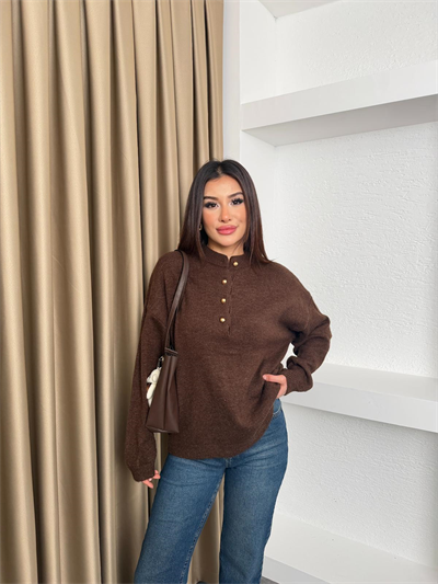 Üstte Düğmeli Kazak Kahve