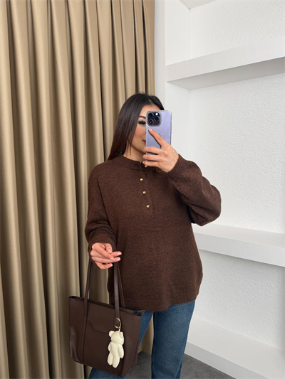 Üstte Düğmeli Kazak Kahve