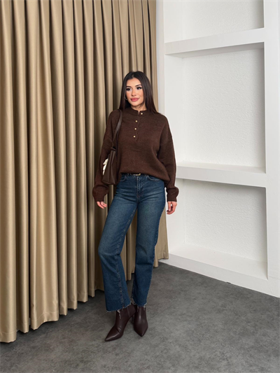 Üstte Düğmeli Kazak Kahve