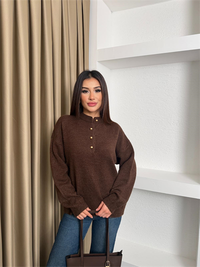 Üstte Düğmeli Kazak Kahve