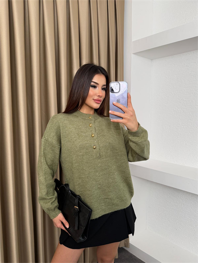 Üstte Düğmeli Kazak Yeşil