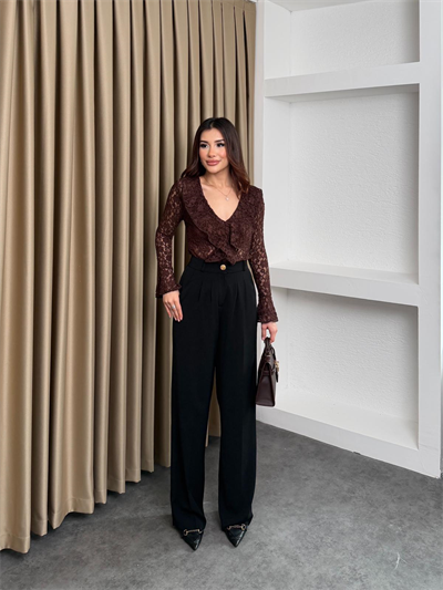 Volan Yaka Tül Bluz Kahverengi