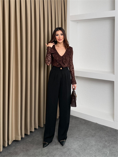 Volan Yaka Tül Bluz Kahverengi