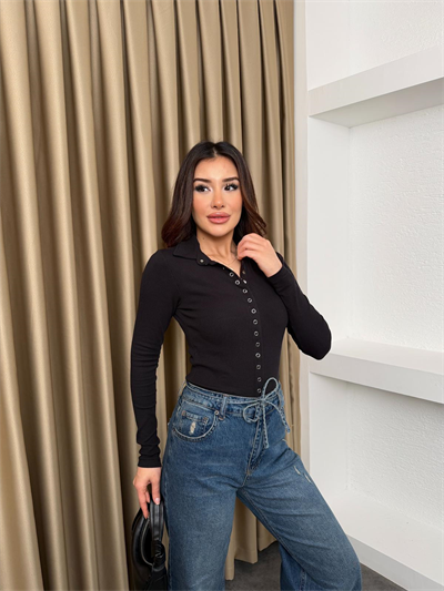 Yakalı Çıtçıtlı Bluz Siyah