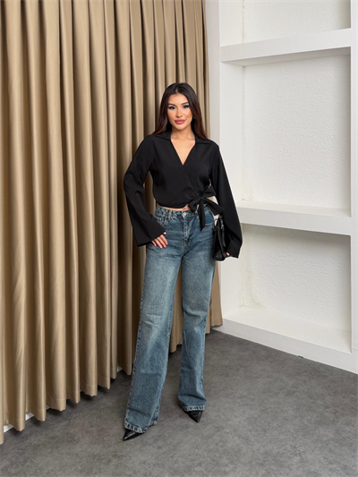 Yandan Bağlamalı Gömlek Siyah