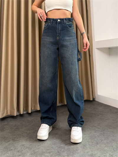 Yıkama Efektli Baggy Jean Koyu Mavi
