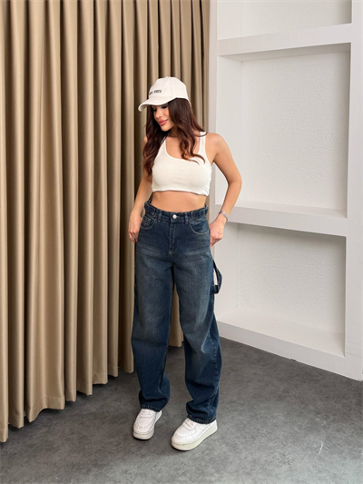 Yıkama Efektli Baggy Jean Koyu Mavi
