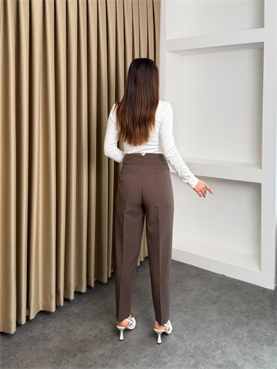 Yüksek Bel Önü Flatolu Kumaş Pantolon Kahve