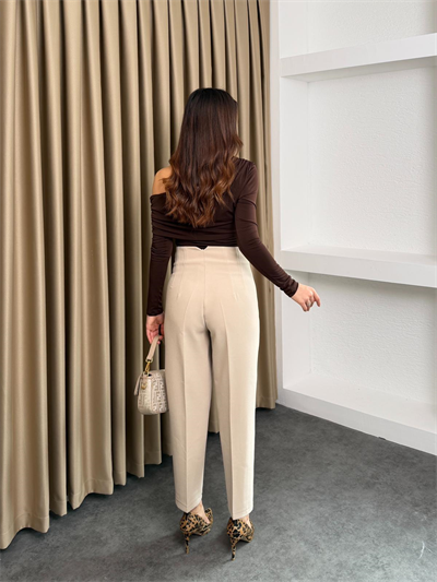 Yüksek Bel Önü Flatolu Kumaş Pantolon Krem