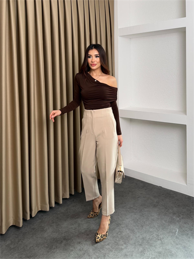 Yüksek Bel Önü Flatolu Kumaş Pantolon Krem