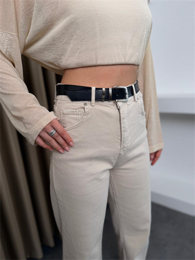 Yüksek Bel Straight Paça Kemerli Jean Bej