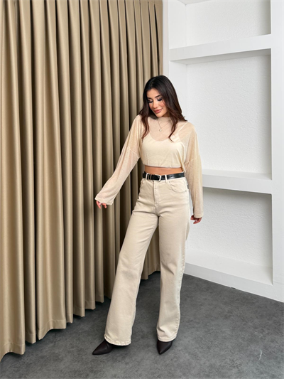 Yüksek Bel Straight Paça Kemerli Jean Bej