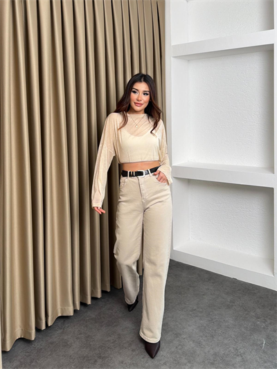 Yüksek Bel Straight Paça Kemerli Jean Bej