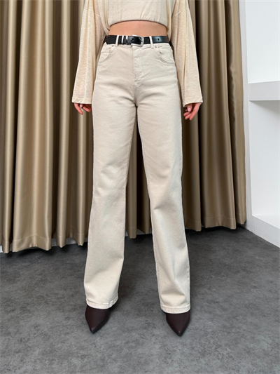 Yüksek Bel Straight Paça Kemerli Jean Bej