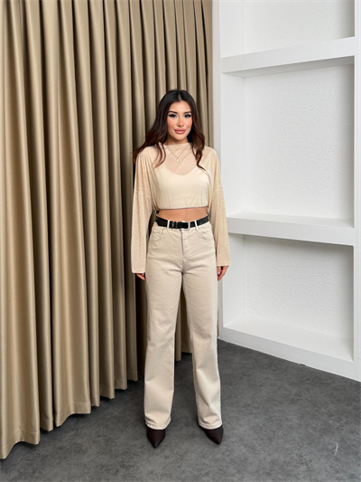 Yüksek Bel Straight Paça Kemerli Jean Bej