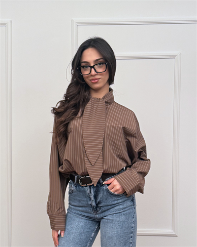  Bağlama Detaylı Çizgili Gömlek