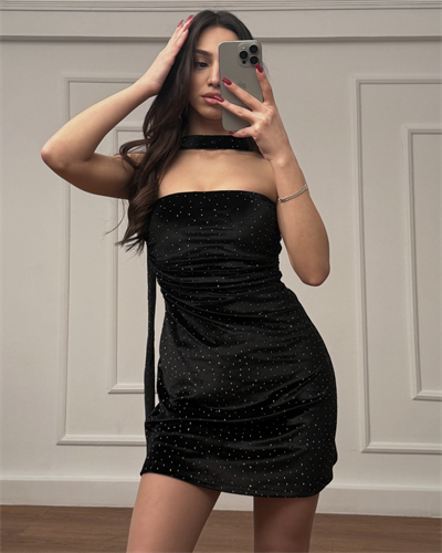 Bağlama Detaylı Simli Mini Elbise