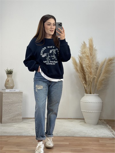 At Baskılı Detaylı Sweatshirt-Lacivert