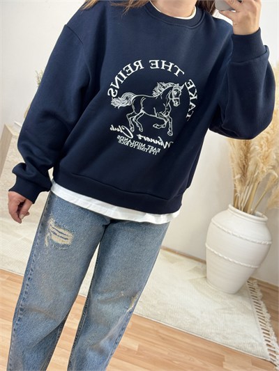 At Baskılı Detaylı Sweatshirt-Lacivert