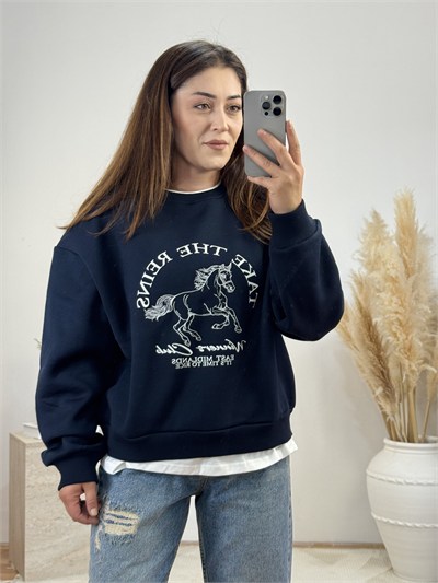 At Baskılı Detaylı Sweatshirt-Lacivert