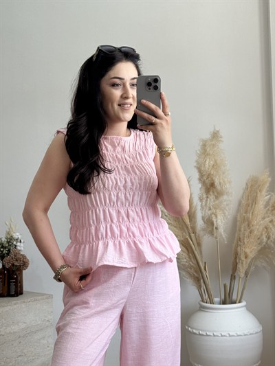 Büzgü Detaylı Keten Görünümlü Takım-Pembe