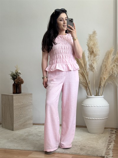 Büzgü Detaylı Keten Görünümlü Takım-Pembe