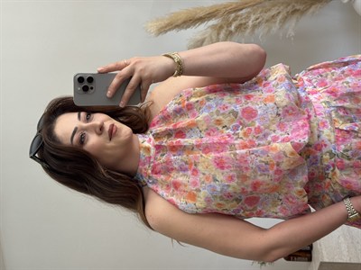Çiçek Desenli Halter Yaka Bluz Pembe
