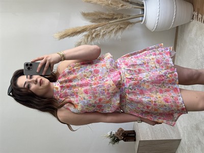Çiçek Desenli Halter Yaka Bluz Pembe