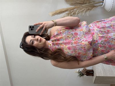 Çiçek Desenli Halter Yaka Bluz Pembe