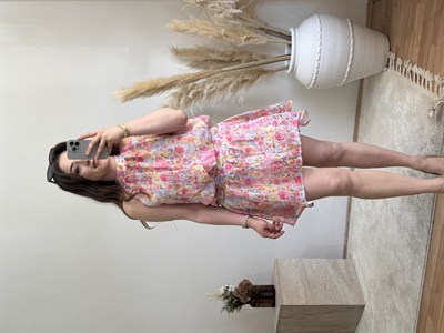 Çiçek Desenli Halter Yaka Bluz Pembe