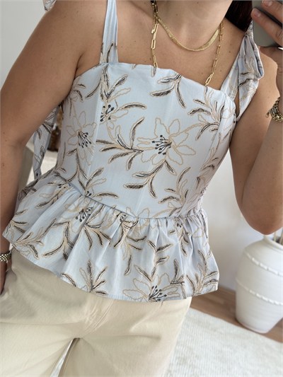 Çiçek Desenli Peplum Askılı Bluz-Mavi