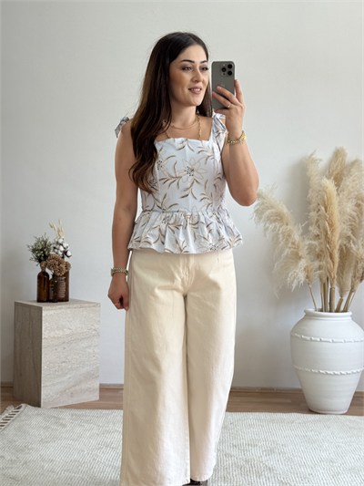 Çiçek Desenli Peplum Askılı Bluz-Mavi