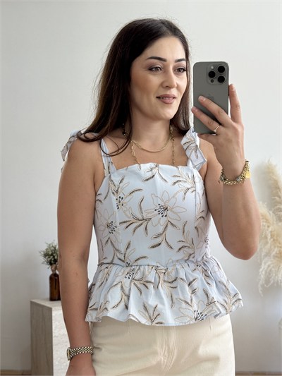 Çiçek Desenli Peplum Askılı Bluz-Mavi