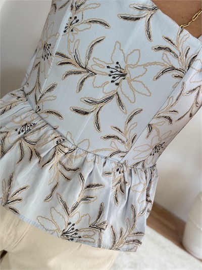 Çiçek Desenli Peplum Askılı Bluz-Mavi