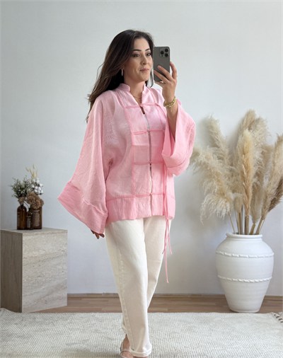 Çin Yaka Bağlama Detaylı Bluz-Pembe
