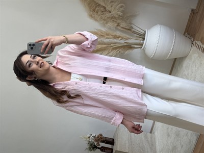 Çizgi dokulu transparan gömlek-Pembe