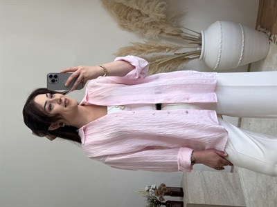 Çizgi dokulu transparan gömlek-Pembe