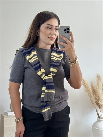 Çizgili Şal Detaylı Triko Bluz-Gri