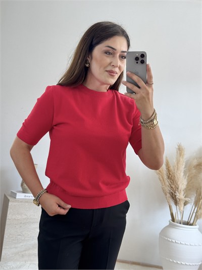 Çizgili Şal Detaylı Triko Bluz-Kırmızı