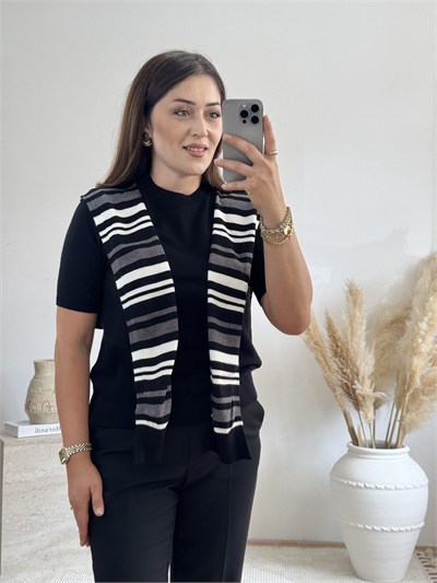 Çizgili Şal Detaylı Triko Bluz-Siyah