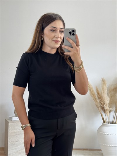 Çizgili Şal Detaylı Triko Bluz-Siyah