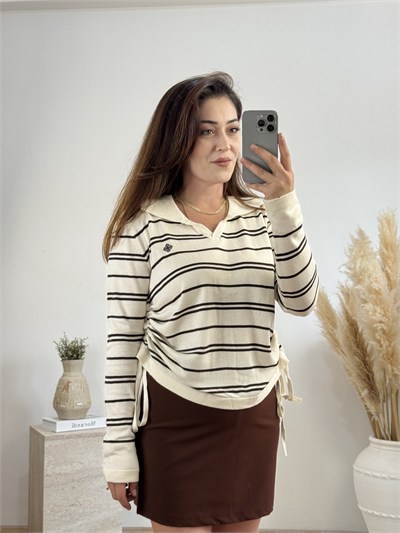 Çizgili Yan Büzgü Detaylı Triko Bluz