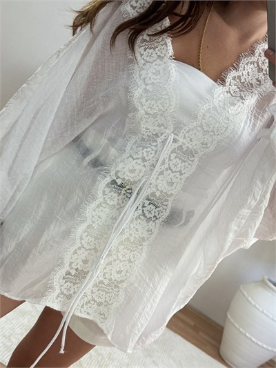 Dantel Detaylı Bağlamalı Kimono – Beyaz
