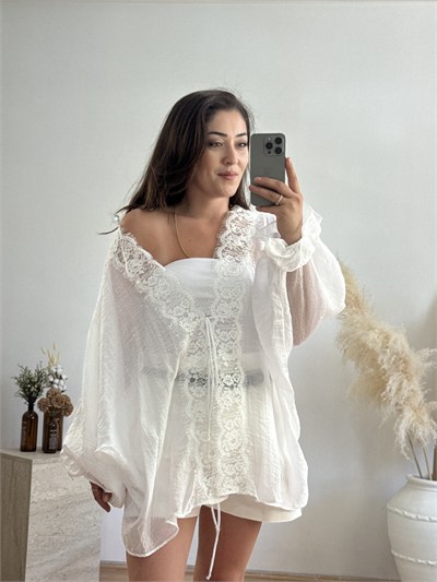 Dantel Detaylı Bağlamalı Kimono – Beyaz
