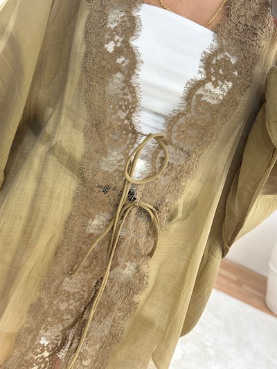 Dantel Detaylı Bağlamalı Kimono – Haki