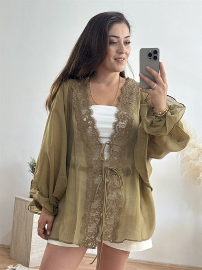 Dantel Detaylı Bağlamalı Kimono – Haki