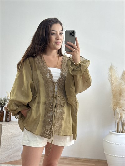 Dantel Detaylı Bağlamalı Kimono – Haki