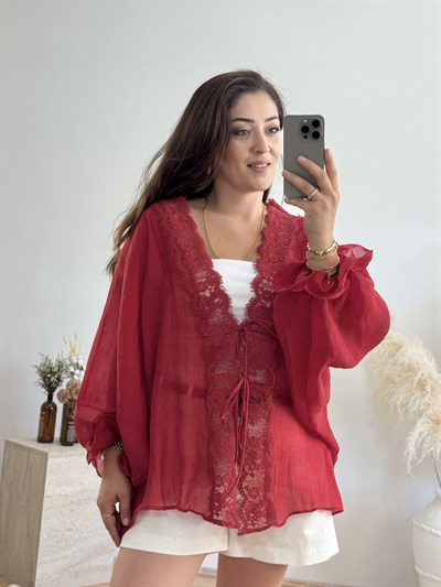 Dantel Detaylı Bağlamalı Kimono – Kırmızı