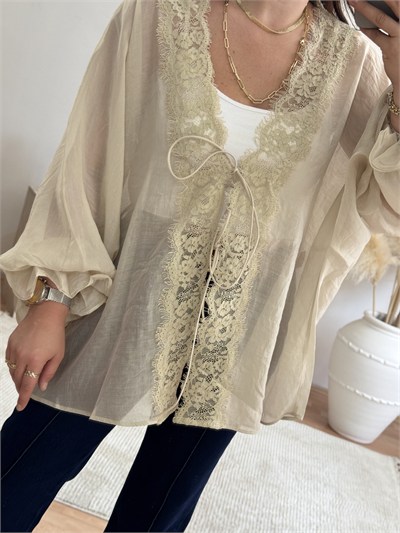 Dantel Detaylı Bağlamalı Kimono – Taş