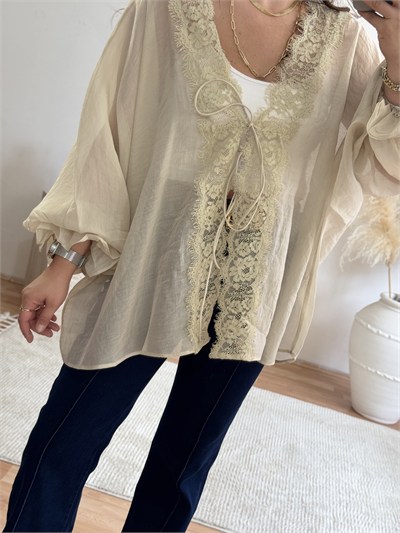 Dantel Detaylı Bağlamalı Kimono – Taş